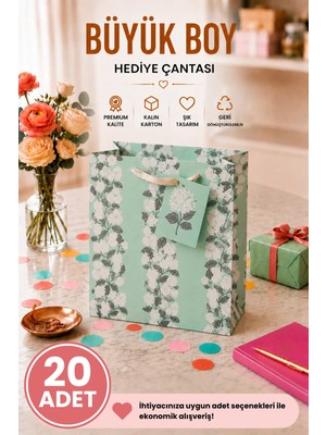 DAKS 20 Adet (32 x 26 x 14 Cm) - Mint Çiçek Desenli Büyük Boy Karton Hediye Çantası