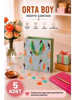 DAKS 5 Adet (23 x 18 x 10 Cm) - Tropikal Leopar Desenli Orta Boy Karton Hediye Çantası