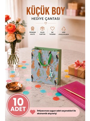 DAKS 10 Adet (15.4 x 18.4 x 7.6 Cm) - Tropikal Leopar Desenli Küçük Boy Karton Hediye Çantası