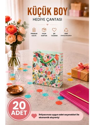 DAKS 20 Adet (15.4 x 18.4 x 7.6 Cm) - Pastel Yeşil Çiçekli Küçük Boy Karton Hediye Çantası