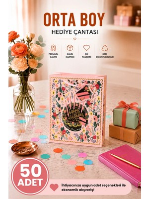 DAKS 50 Adet (23 x 18 x 10 Cm) - Doğum Günü Pastalı Çiçek Desenli Orta Boy Karton Hediye Çantası