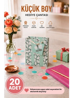 DAKS 20 Adet (15.4 x 18.4 x 7.6 Cm) - Mint Çiçek Desenli Küçük Boy Karton Hediye Çantası