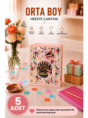 DAKS 5 Adet (23 x 18 x 10 Cm) - Doğum Günü Pastalı Çiçek Desenli Orta Boy Karton Hediye Çantası