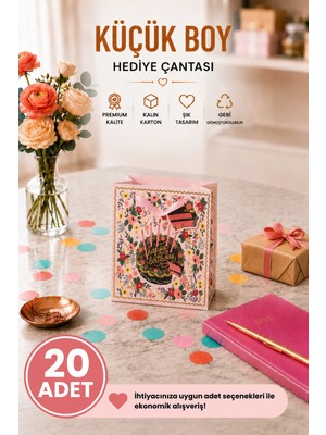DAKS 20 Adet (15.4 x 18.4 x 7.6 Cm) - Doğum Günü Pastalı Çiçek Desenli Küçük Boy Karton Hediye Çantası
