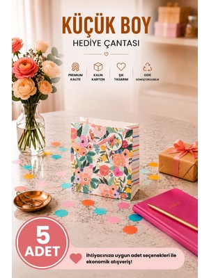 DAKS 5 Adet (15.4 x 18.4 x 7.6 Cm) - Pastel Pembe Çiçekli Küçük Boy Karton Hediye Çantası