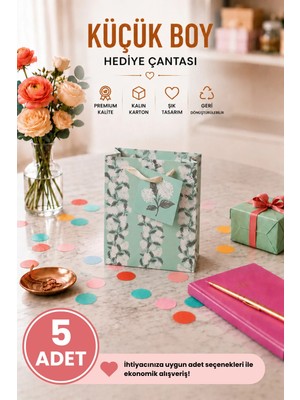 DAKS 5 Adet (15.4 x 18.4 x 7.6 Cm) - Mint Çiçek Desenli Küçük Boy Karton Hediye Çantası