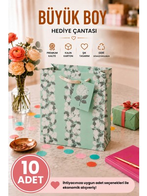 DAKS 10 Adet (32 x 26 x 14 Cm) - Mint Çiçek Desenli Büyük Boy Karton Hediye Çantası