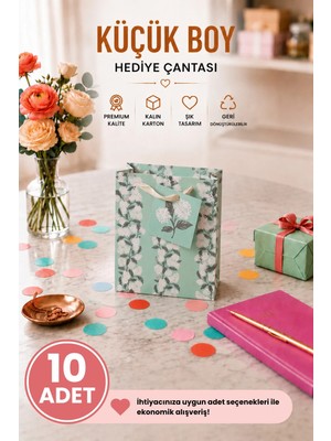 DAKS 10 Adet (15.4 x 18.4 x 7.6 Cm) - Mint Çiçek Desenli Küçük Boy Karton Hediye Çantası