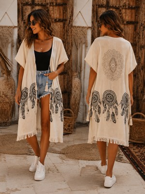 Tosbik Otantik Kişiye Özel Tasarım Etnik Desen Dantelli El Işi Müslin Kimono / Kap