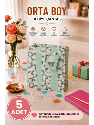 DAKS 5 Adet (23 x 18 x 10 Cm) - Mint Çiçek Desenli Orta Boy Karton Hediye Çantası