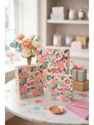 DAKS Pastel Pembe Çiçekli 3 Boy Karton Hediye Çantası Seti