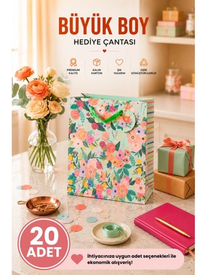 DAKS 20 Adet (32 x 26 x 14 Cm) - Pastel Yeşil Çiçekli Büyük Boy Karton Hediye Çantası