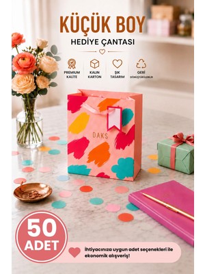 DAKS 50 Adet (15.4 x 18.4 x 7.6 Cm) - Pastel Pembe Renkli Fırça Desenli Küçük Boy Karton Hediye Çantası