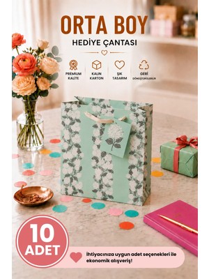 DAKS 10 Adet (23 x 18 x 10 Cm) - Mint Çiçek Desenli Orta Boy Karton Hediye Çantası