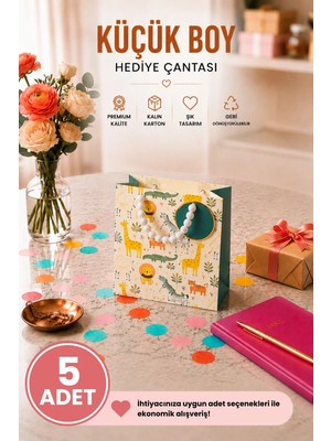 DAKS 5 Adet (15.4 x 18.4 x 7.6 Cm) - Safari Hayvan Desenli Küçük Boy Karton Hediye Çantası