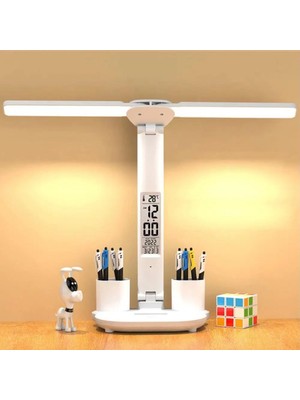 CoverZone Katlanabilir LED Masa Lambası Dijital Ekranlı Saat Tarih Sıcaklık Göstergeli USB 5V 1A 7W Dokunmatik Kontrollü Ayarlanabilir 180° Işık Açılı 2 Kalemlikli Masaüstü Aydınlatma | Ka-71