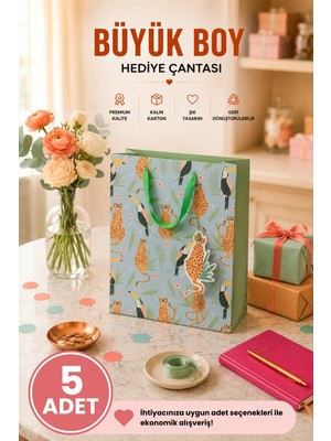 DAKS 5 Adet (32 x 26 x 14 Cm) - Tropikal Leopar Desenli Büyük Boy Karton Hediye Çantası