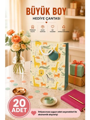 DAKS 20 Adet (32 x 26 x 14 Cm) - Safari Hayvan Desenli Büyük Boy Karton Hediye Çantası