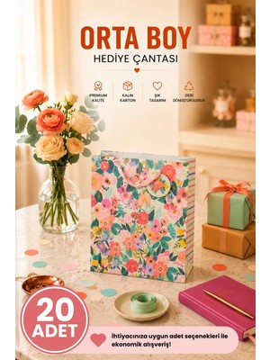 DAKS 20 Adet (23 x 18 x 10 Cm) - Pastel Pembe Çiçekli Orta Boy Karton Hediye Çantası