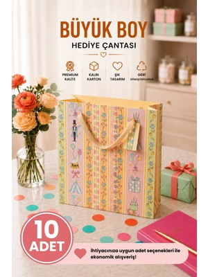 DAKS 10 Adet (32 x 26 x 14 Cm) - Pastel Parti Temalı Desenli Büyük Boy Karton Hediye Çantası