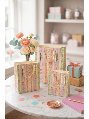 DAKS Pastel Parti Temalı Desenli 3 Boy Karton Hediye Çantası Seti