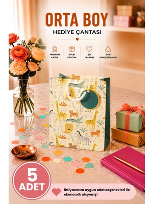 DAKS 5 Adet (23 x 18 x 10 Cm) - Safari Hayvan Desenli Orta Boy Karton Hediye Çantası