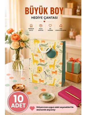 DAKS 10 Adet (32 x 26 x 14 Cm) - Safari Hayvan Desenli Büyük Boy Karton Hediye Çantası
