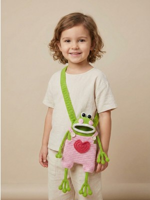 Talin Handmade El Örgüsü Kurbağa Figürlü Amigurumi Çocuk Çantası | Koton Ip | 34X15X30 cm