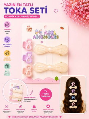 Asel Aksesuar 5'li Set Parlak Fiyonk Figürlü Çocuk Saç Tokası Seti - Klipsli ve Kıskaç Toka Farklı Renk Seçenekli