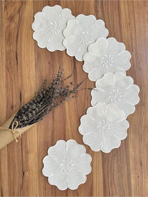 Nurhan Home Collection Maison Fleur Ekru Nakışlı 6'lı Keten Kahve Yanı Kokteyl Sunum Peçetesi