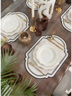 Nurhan Home Collection 6 Adet Siyah Dama Nakışlı Ekru Renk Keten Amerikan Servis, Supla
