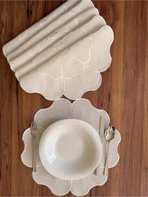 Nurhan Home Collection Maison Fleur Ekru Nakışlı 6'lı Keten Amerikan Servis Seti