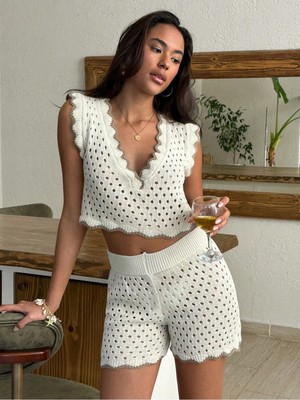 Jinx Wear Fashion Kadın Yaz Tatil Bohem Triko Örgü Mayo Üstü Büstiyer Bluz Şortlu Plaj Takım