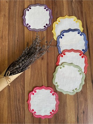 Nurhan Home Collection 6 Adet Curly Modeli Çok Renkli Nakışlı Kahve Yanı Kokteyl Sunum Peçete