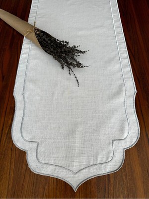 Nurhan Home Collection Çift Sıra Gümüş Renk Nakış Işlemeli Keten Runner