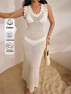 Jinx Wear Fashion Yaka ve Kol Güpür Detay Transparan Ajurlu Plaj Elbisesi Pareo Cover Up Kimono