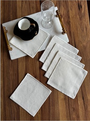 Nurhan Home Collection 6 Adet Ekru Renk Nakış Işlemeli Kare Kokteyl Sunum Peçetesi