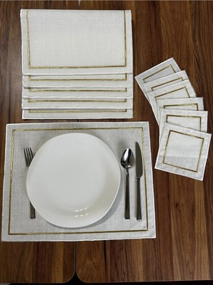 Nurhan Home Collection Gold Nakışlı 12 Parça Set Amerikan Servis ve Kokteyl Sunum Peçetesi