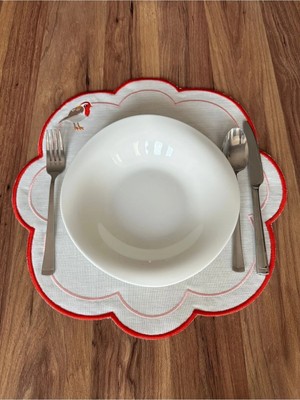 Nurhan Home Collection 16 Parça Set Love Bırds Kırmızı Nakışlı Amerikan Servis ve Kokteyl Sunum Peçetesi