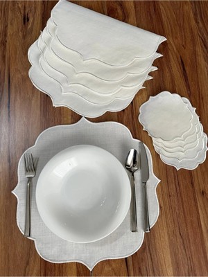 Nurhan Home Collection Ekru Nakışlı 12 Parça Set Amerikan Servis ve Kokteyl Sunum Peçetesi Modern Tasarım