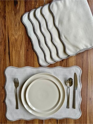Nurhan Home Collection 6 Adet Pera Dalgalı Serisi Gri Nakışlı Ekru Keten Amerikan Servis, Supla