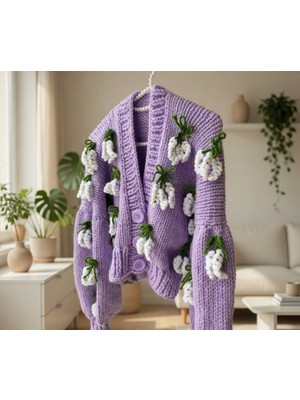 ORGANICMIRA Kadın Lila El Örgüsü Crop Hırka - 3D Leylak Çiçeği Detaylı Balon Kol Oversize Hırka