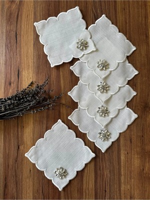 Nurhan Home Collection 6 Adet Gümüş Taş Detaylı Kubbeli Nakışlı Kokteyl Sunum Peçetesi