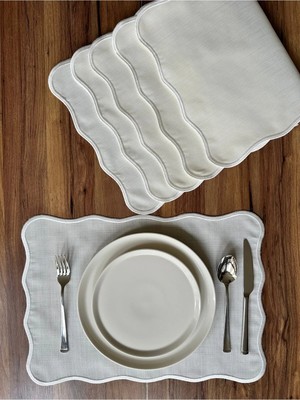 Nurhan Home Collection 6 Adet Pera Dalgalı Serisi Ekru Nakışlı Ekru Keten Amerikan Servis, Supla