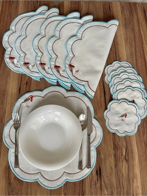 Nurhan Home Collection 12 Parça Set Love Bırds Mavi Nakışlı Amerikan Servis ve Kokteyl Sunum Peçetesi