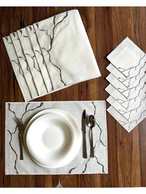 Nurhan Home Collection Linia Modeli Gümüş Nakışlı 12 Parça Set Amerikan Servis ve Kahve Yanı Kokteyl Sunum Peçetesi