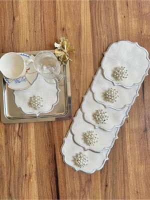 Nurhan Home Collection 6 Adet Gümüş Incili Gümüş Nakışlı Kahve Yanı Kokteyl Sunum Peçetesi