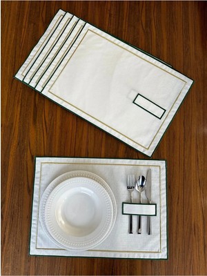 Nurhan Home Collection 6 Adet Yeşil-Gold Çift Sıra Nakışlı Kaşıklıklı Amerikan Servis