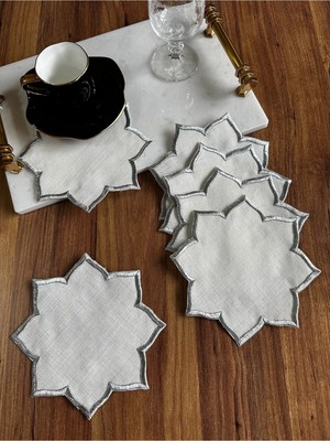 Nurhan Home Collection 6 Adet Yıldız Modeli Gardenya Keten Kumaşa Nakış Işelmeli Kokteyl Sunum Peçetesi