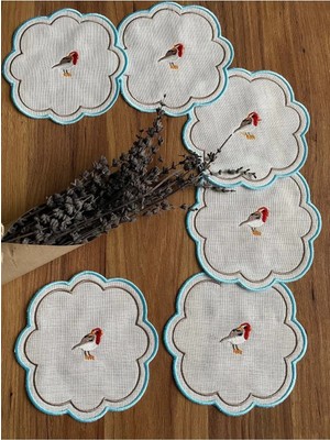 Nurhan Home Collection 6 Adet Love Birds Keten Kumaş Mavi Nakışlı Kahve Yanı Kokteyl Sunum Peçete